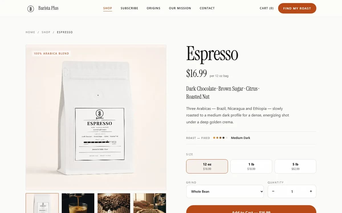 A product page from the Barista Plus Coffee store, showing size and grind options.