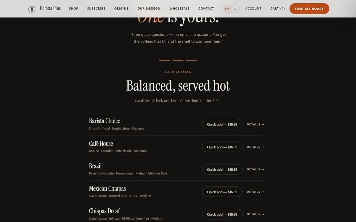 The Find My Roast quiz on desktop, suggesting a coffee based on the answers given.