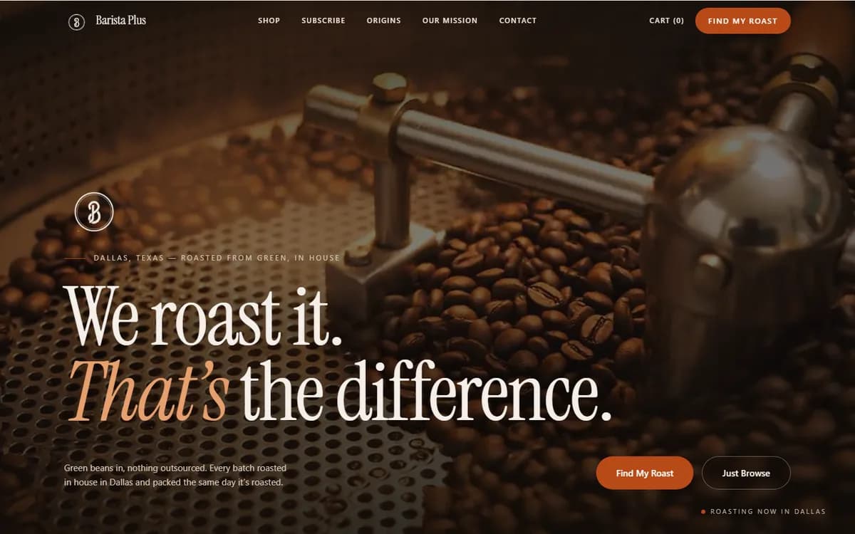 The Barista Plus Coffee home page, showing coffee beans in a roaster drum and the headline We roast it. That's the difference.