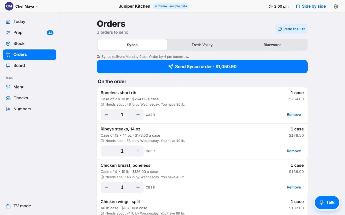 The Orders page with supplier tabs, a Send Sysco order button, and lines for short rib, ribeye and chicken, each saying what is needed by Wednesday and what is on hand.