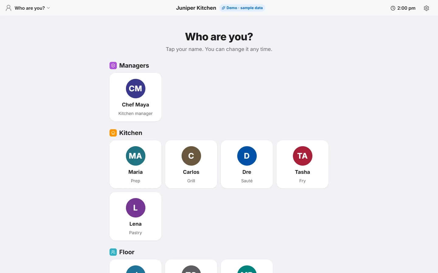 The Who are you screen listing Managers, Kitchen and Floor, each name on a card with a colored initial.