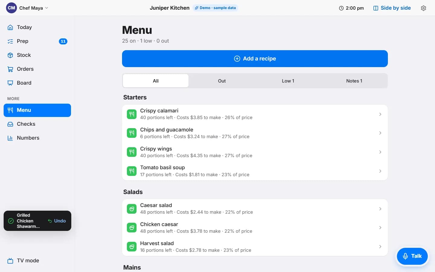 The manager's Menu page showing 25 dishes, an Add a recipe button, and a small toast reading Grilled Chicken Shawarma with an Undo link.