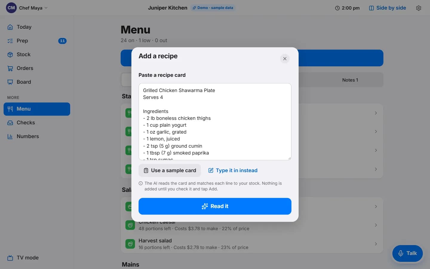 The Add a recipe box with a pasted card for Grilled Chicken Shawarma Plate, serves 4, an ingredient list, and a Read it button.