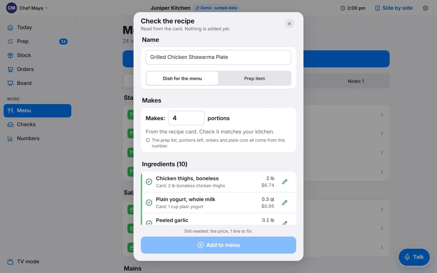 The Check the recipe screen: name, Dish for the menu, Makes 4 portions, and ingredient lines matched to stock with amounts and costs, green ticks on matched lines.