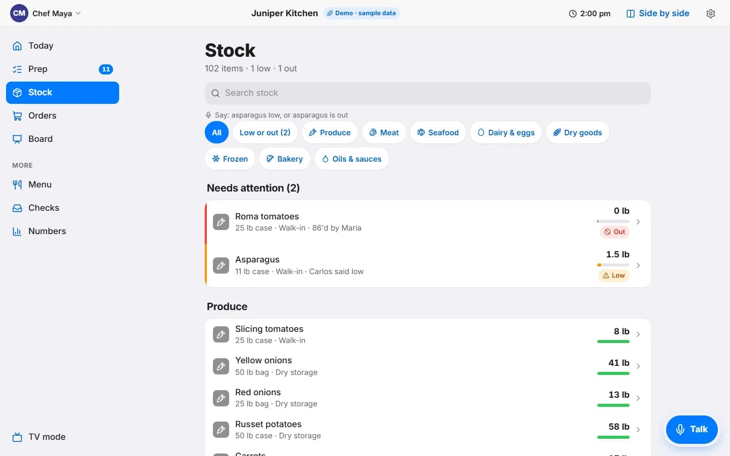 The Stock page for a manager: 102 items, category chips, a Needs attention list with Roma tomatoes out and asparagus low, then produce items with green level bars.