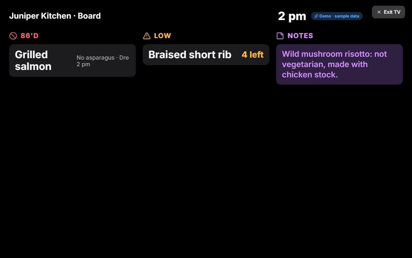 TV mode: a black screen with large type in three columns, 86'd Grilled salmon with no asparagus, Low braised short rib 4 left, and one purple kitchen note.
