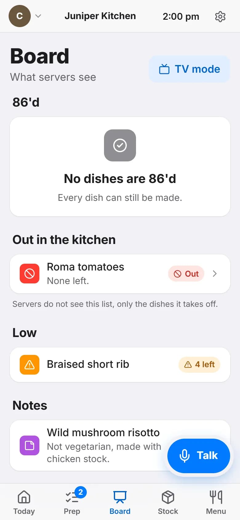The cook's board on a phone: no dishes 86'd, Roma tomatoes out, short rib low, a kitchen note, and a bottom bar with Today, Prep, Board, Stock and Menu.