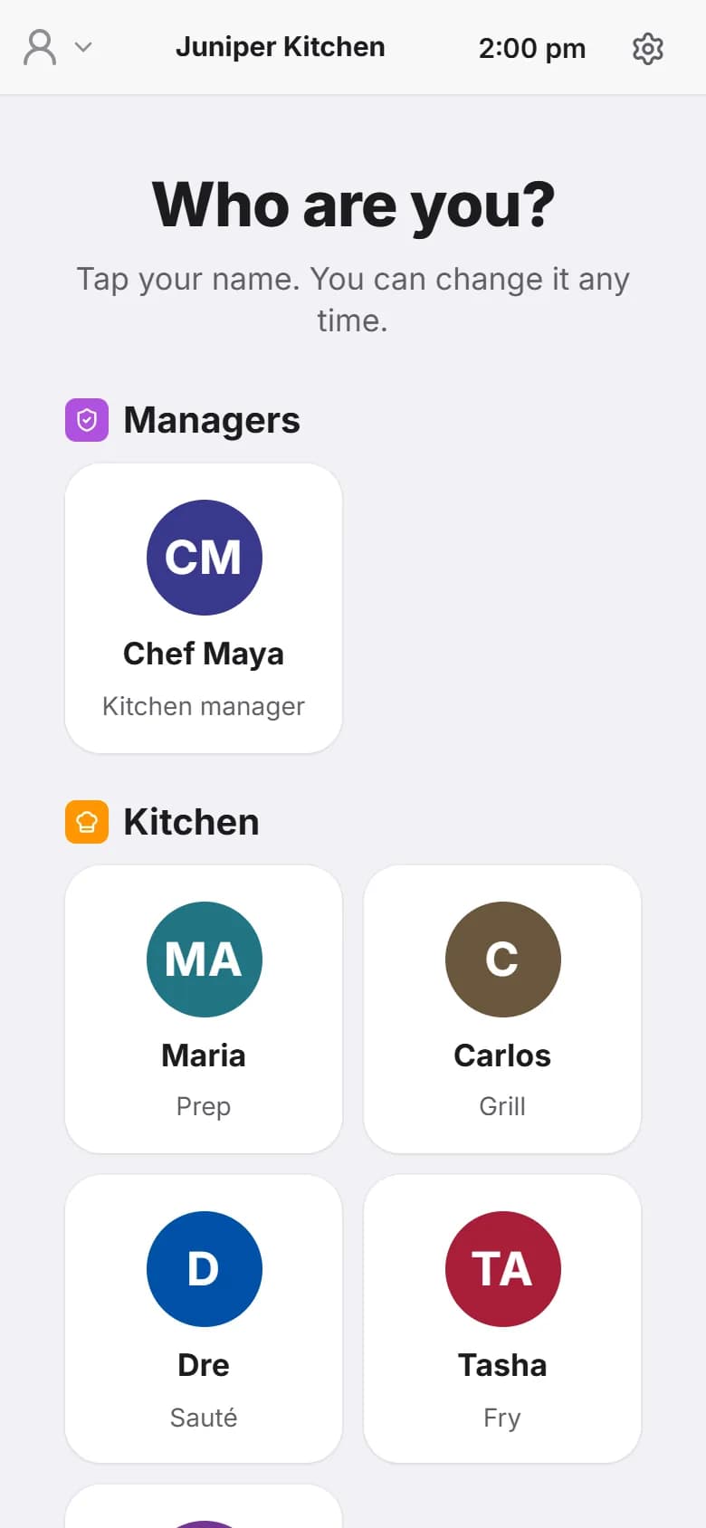 The Who are you screen on a phone, with a Managers card for Chef Maya and Kitchen cards for Maria, Carlos, Dre and Tasha.