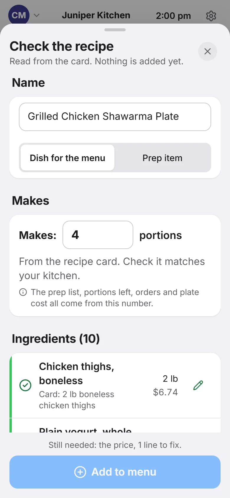 The Check the recipe screen on a phone with the dish name, Makes 4 portions, and the first matched ingredient line.