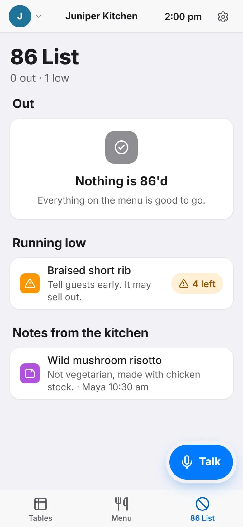 A server's 86 List on a phone: nothing is 86'd, braised short rib running low with a note to tell guests early, and a kitchen note, with Tables, Menu and 86 List tabs.