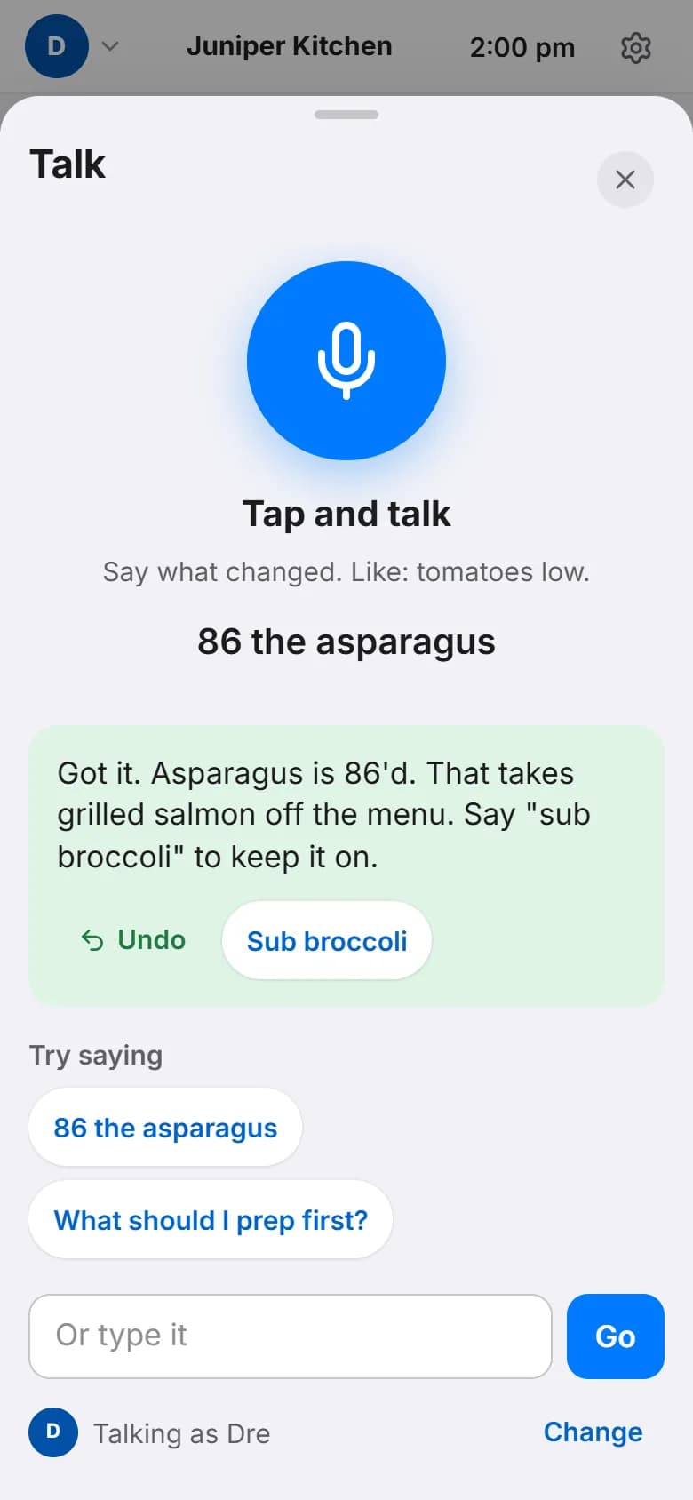 The Talk panel on a phone with the same reply, Undo and Sub broccoli buttons, and suggested things to say.