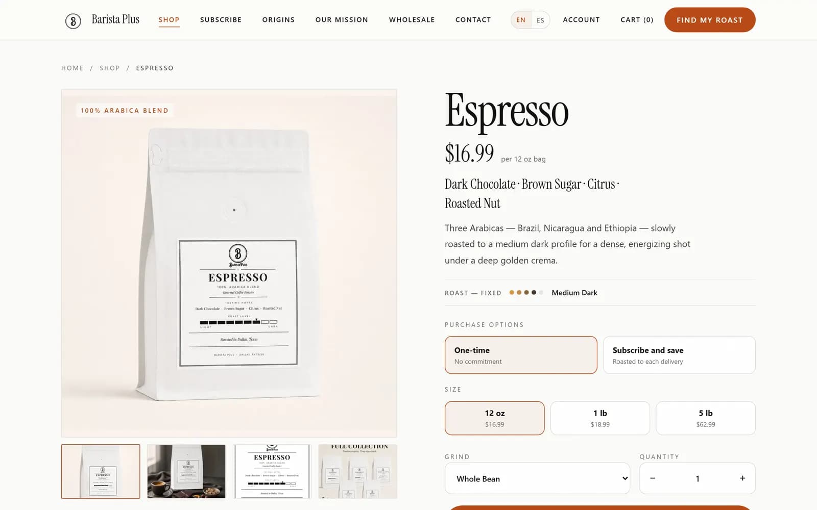 A Barista Plus product page: the Espresso bag, a one-time or subscribe choice, and three bag sizes with prices.