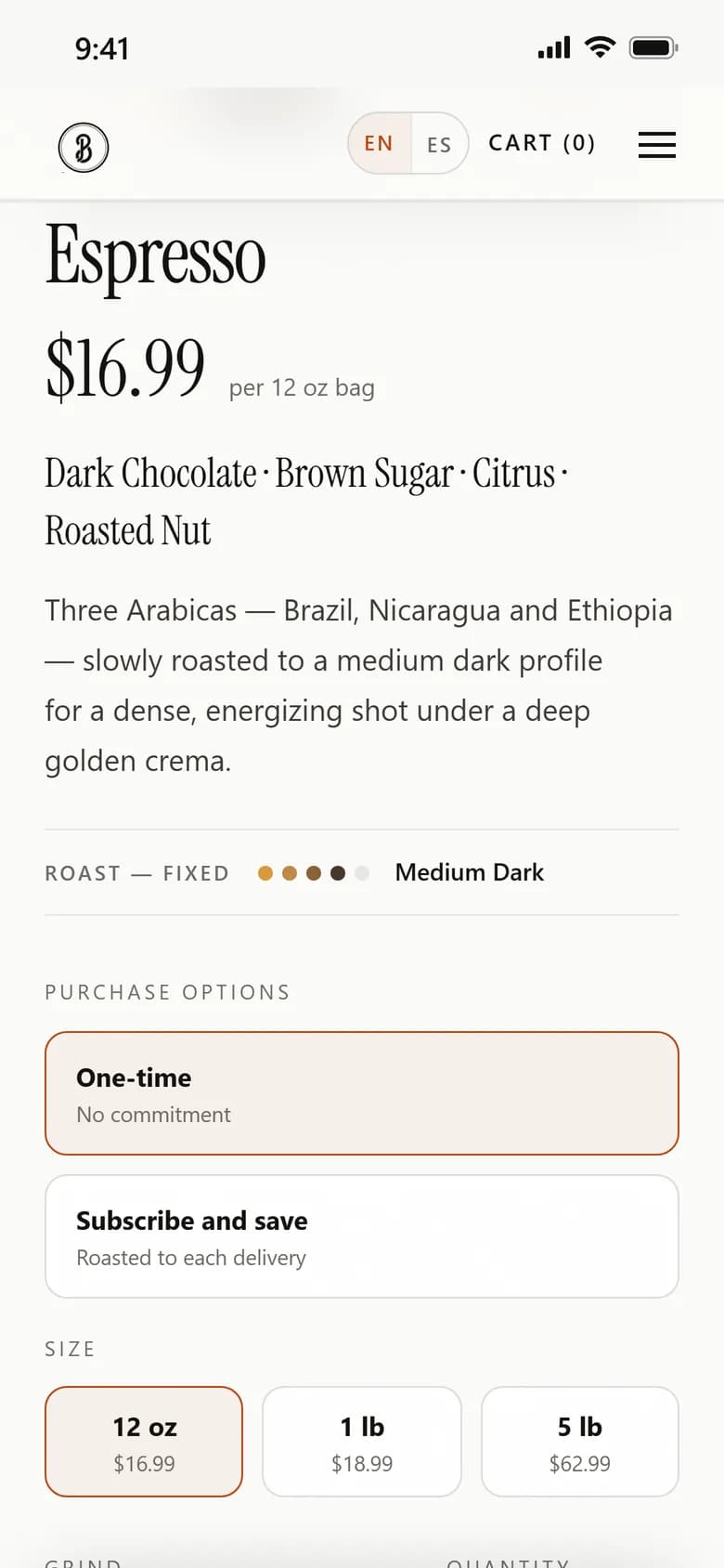 A Barista Plus product page on a phone: one-time or subscribe, and three bag sizes with prices.