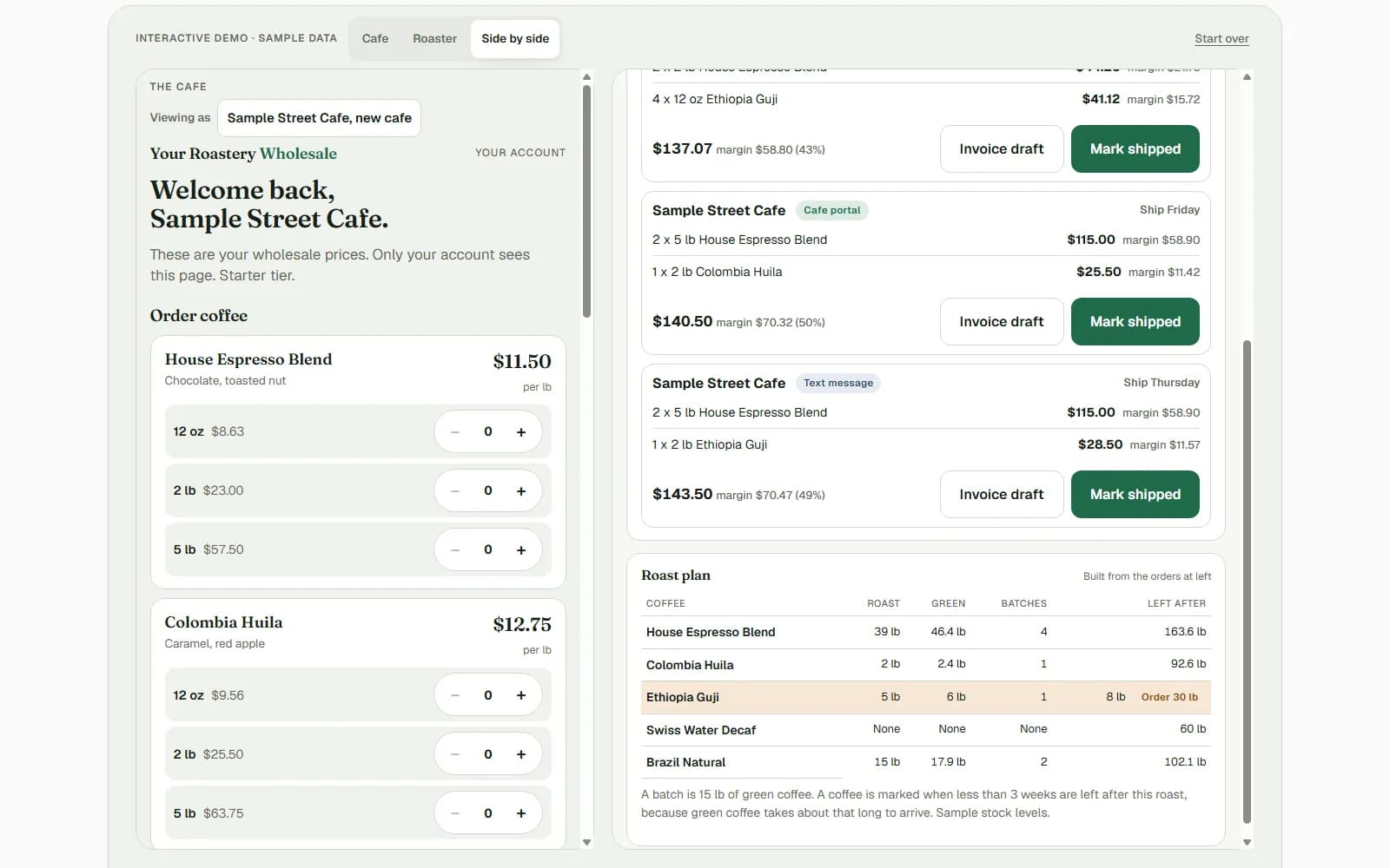 The wholesale portal demo side by side: a cafe's private price page on the left, and the roaster's list of orders with a price and margin on each line on the right.