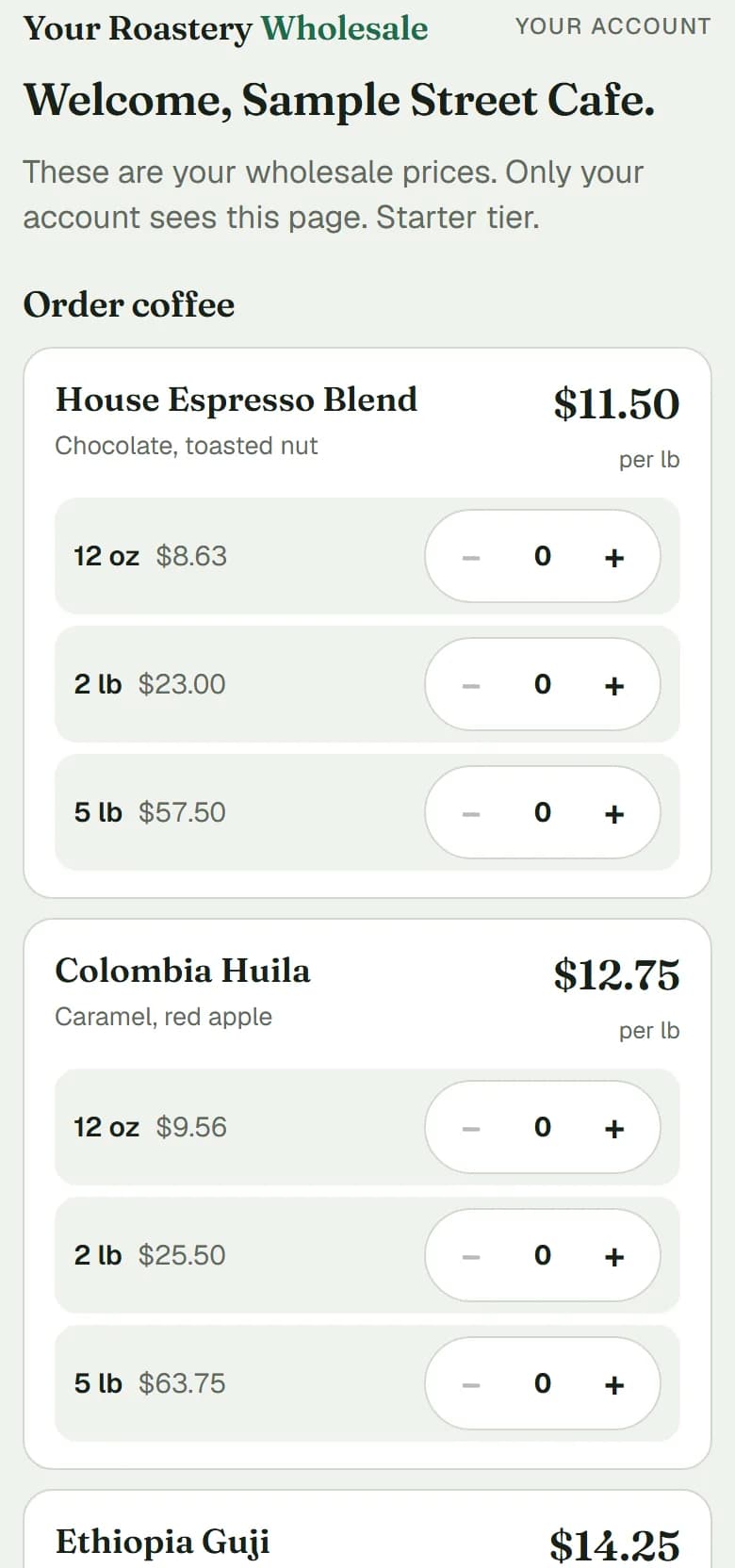An approved cafe's private price page on a phone, with a sample price per pound on each coffee.